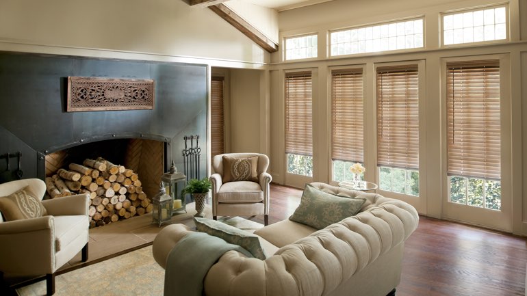 Boston fireplace with blinds